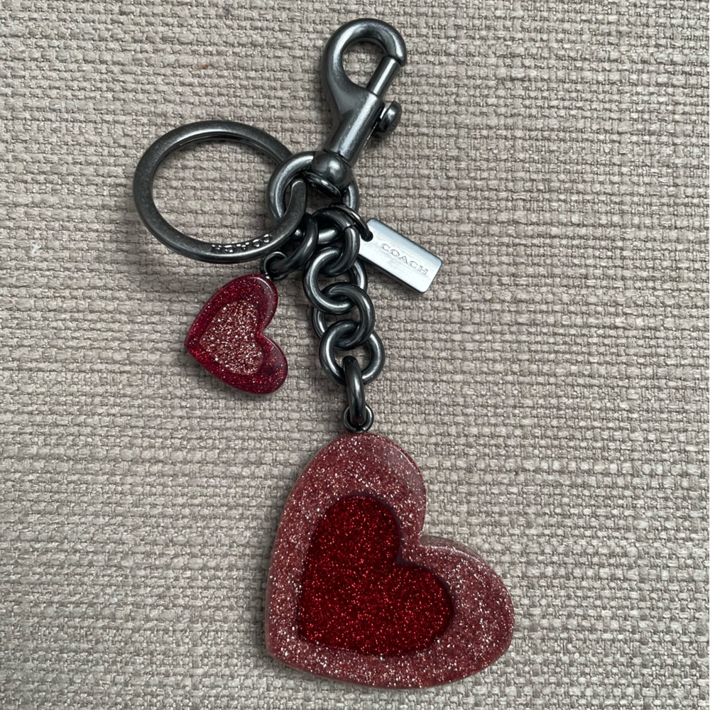 Coach glitter Heart mix bag charm in colour pewter/pink red new